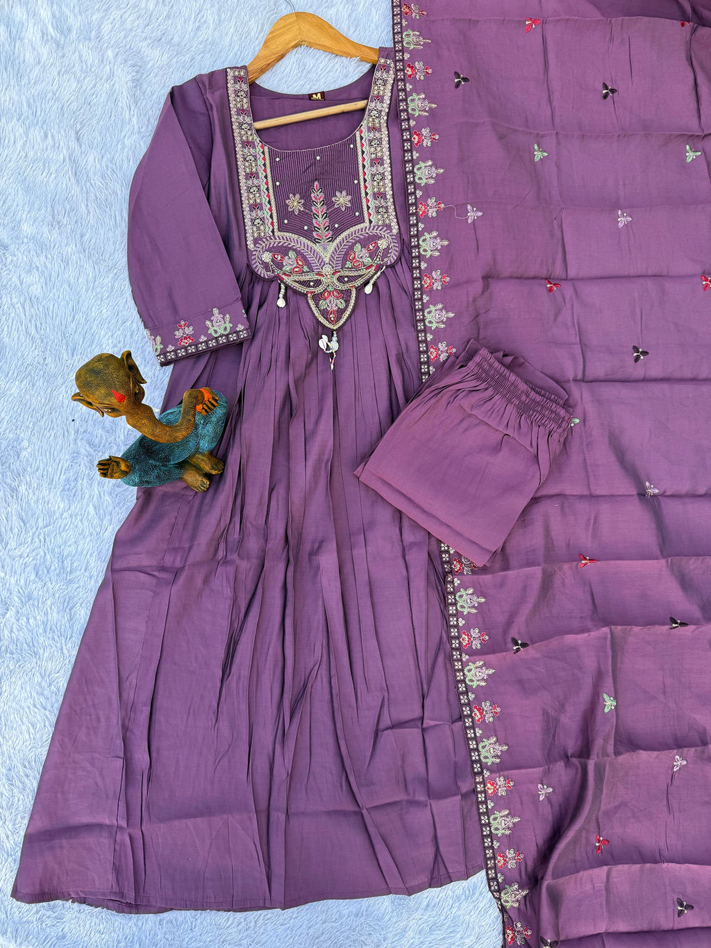 Lorenvalley Fashion Lavender Roman Silk Multi Sequence Embroidery Thread With Hand Work Anarkali Kurti Pant Dupatta - Distacart