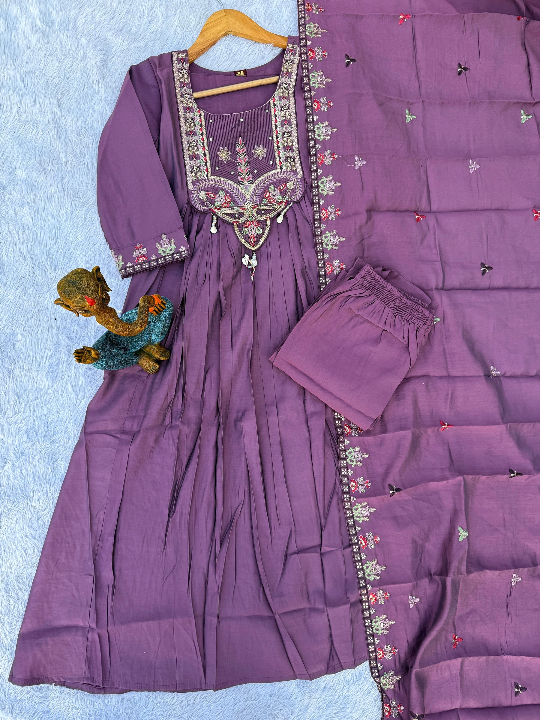 Lorenvalley Fashion Lavender Roman Silk Multi Sequence Embroidery Thread With Hand Work Anarkali Kurti Pant Dupatta - Distacart