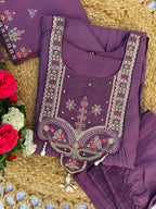 Lorenvalley Fashion Lavender Roman Silk Multi Sequence Embroidery Thread With Hand Work Anarkali Kurti Pant Dupatta - Distacart