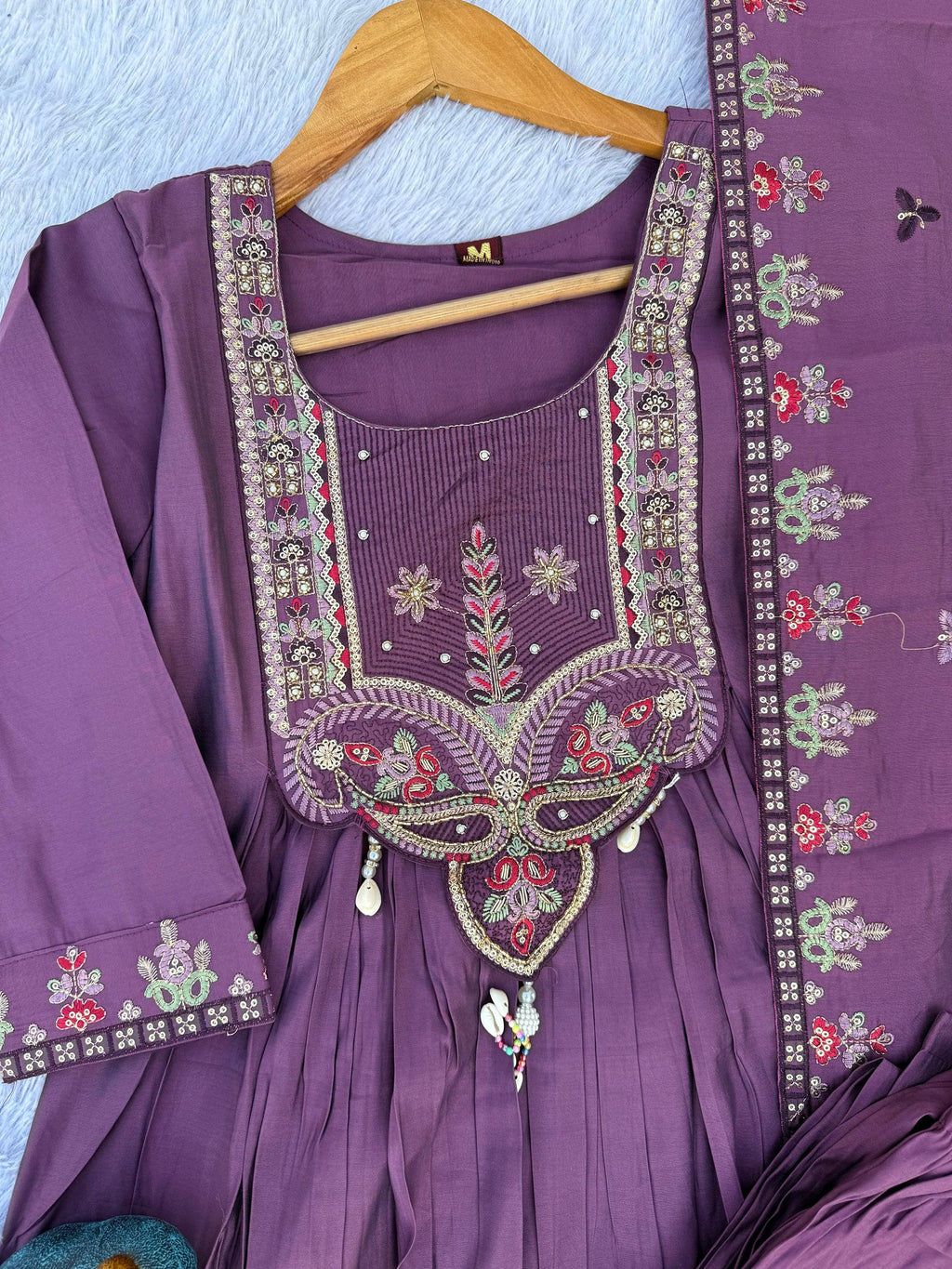 Lorenvalley Fashion Lavender Roman Silk Multi Sequence Embroidery Thread With Hand Work Anarkali Kurti Pant Dupatta - Distacart