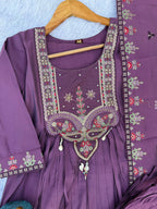 Lorenvalley Fashion Lavender Roman Silk Multi Sequence Embroidery Thread With Hand Work Anarkali Kurti Pant Dupatta - Distacart