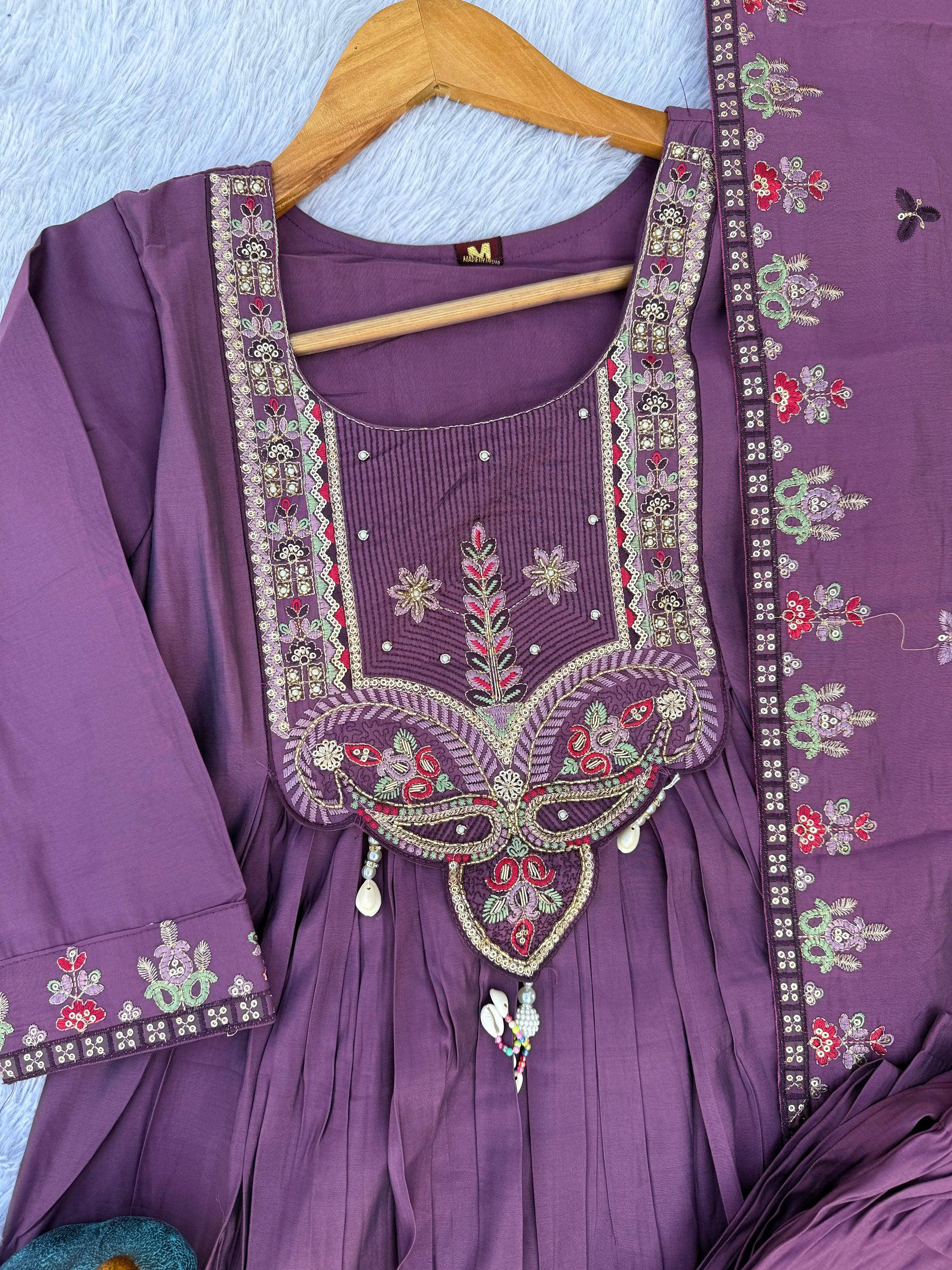 Lorenvalley Fashion Lavender Roman Silk Multi Sequence Embroidery Thread With Hand Work Anarkali Kurti Pant Dupatta - Distacart