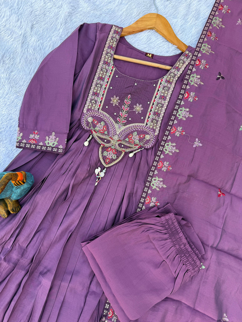 Lorenvalley Fashion Lavender Roman Silk Multi Sequence Embroidery Thread With Hand Work Anarkali Kurti Pant Dupatta - Distacart