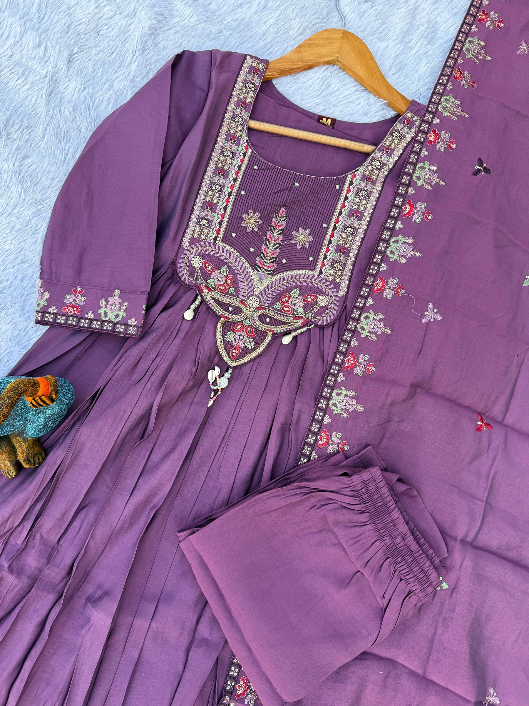 Lorenvalley Fashion Lavender Roman Silk Multi Sequence Embroidery Thread With Hand Work Anarkali Kurti Pant Dupatta - Distacart