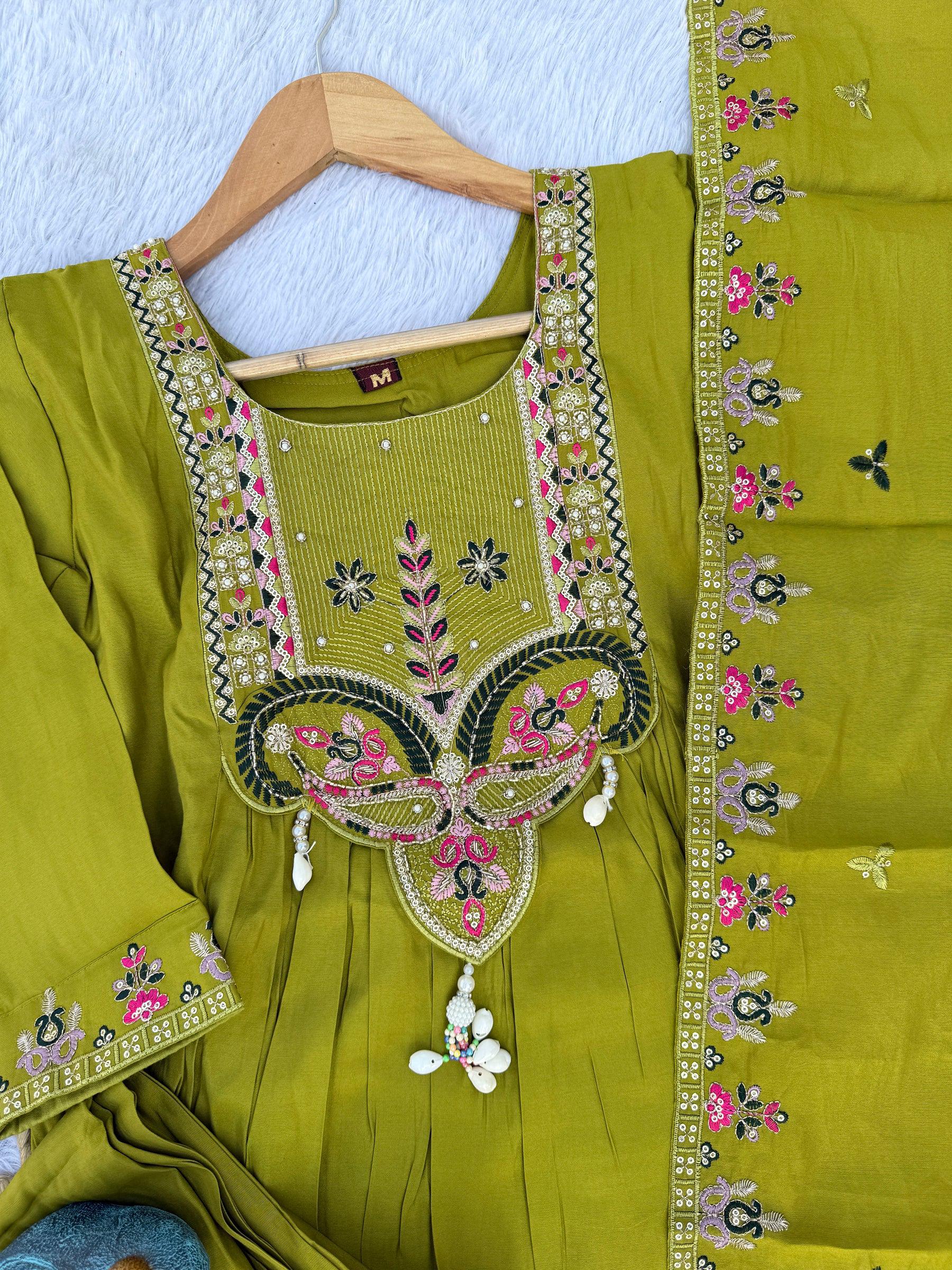 Lorenvalley Fashion Parrot Roman Silk Multi Sequence Embroidery Thread With Hand Work Anarkali Kurti Pant Dupatta - Distacart