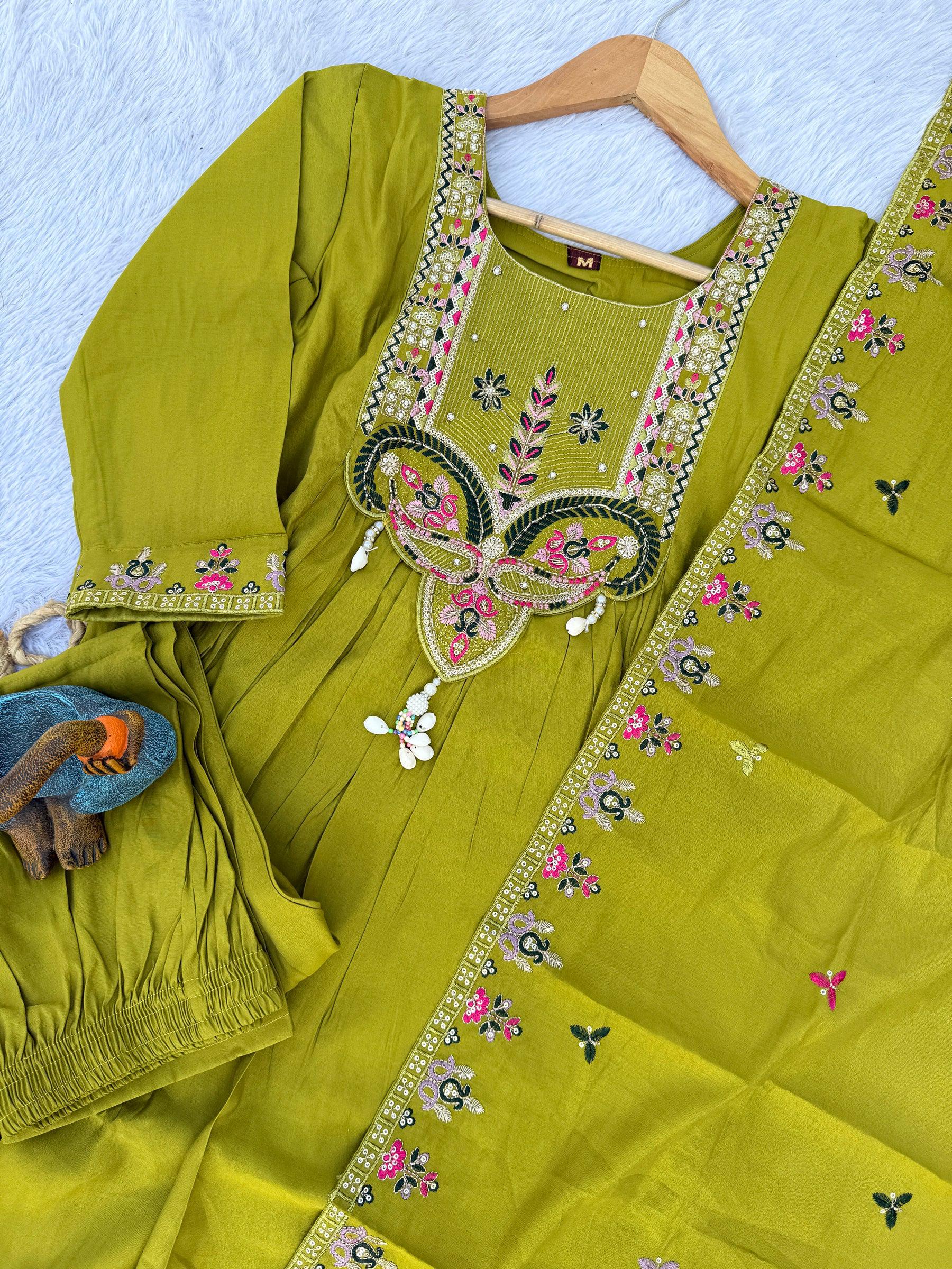 Lorenvalley Fashion Parrot Roman Silk Multi Sequence Embroidery Thread With Hand Work Anarkali Kurti Pant Dupatta - Distacart