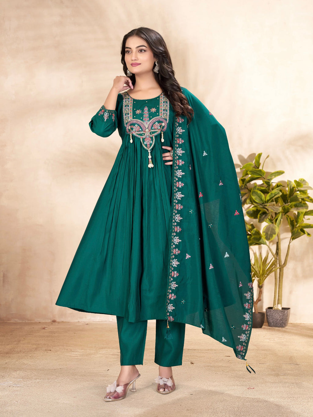 Lorenvalley Fashion Rama Roman Silk Multi Sequence Embroidery Thread With Hand Work Anarkali Kurti Pant Dupatta - Distacart