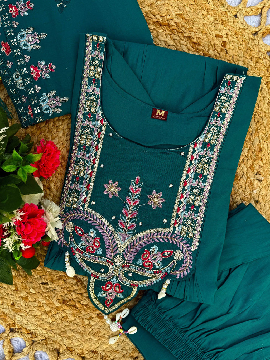 Lorenvalley Fashion Rama Roman Silk Multi Sequence Embroidery Thread With Hand Work Anarkali Kurti Pant Dupatta - Distacart