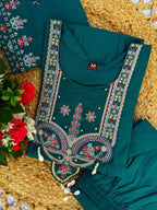 Lorenvalley Fashion Rama Roman Silk Multi Sequence Embroidery Thread With Hand Work Anarkali Kurti Pant Dupatta - Distacart