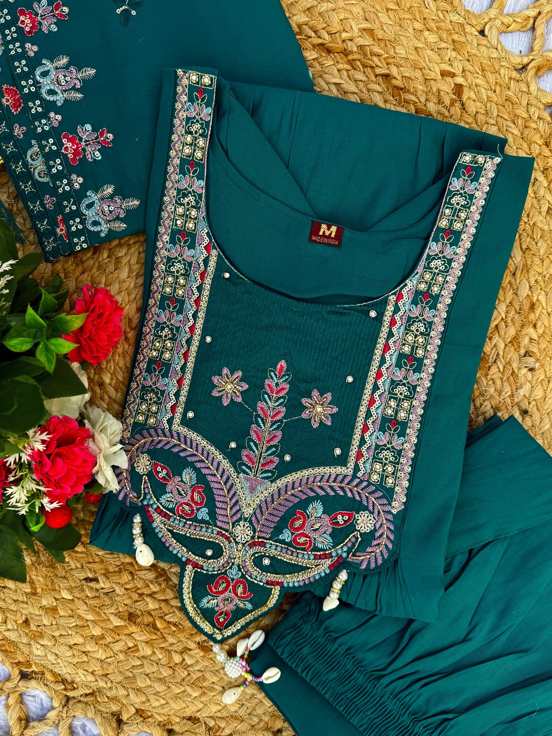 Lorenvalley Fashion Rama Roman Silk Multi Sequence Embroidery Thread With Hand Work Anarkali Kurti Pant Dupatta - Distacart