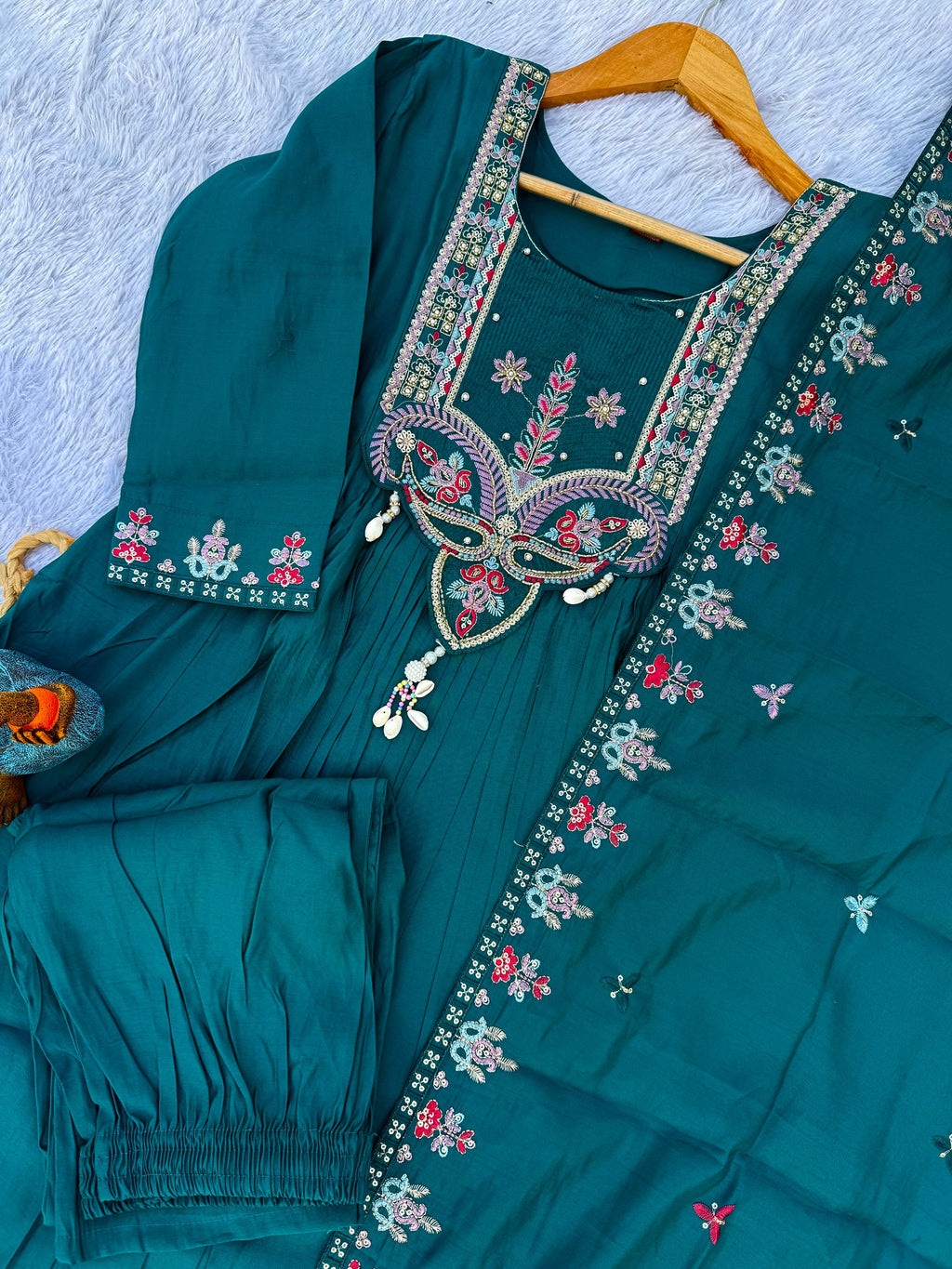 Lorenvalley Fashion Rama Roman Silk Multi Sequence Embroidery Thread With Hand Work Anarkali Kurti Pant Dupatta - Distacart