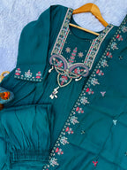 Lorenvalley Fashion Rama Roman Silk Multi Sequence Embroidery Thread With Hand Work Anarkali Kurti Pant Dupatta - Distacart