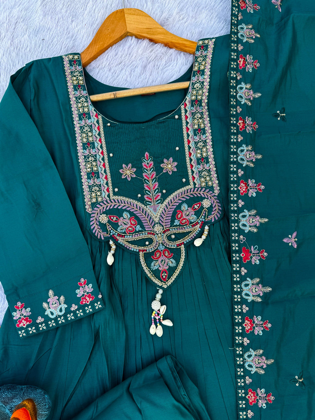 Lorenvalley Fashion Rama Roman Silk Multi Sequence Embroidery Thread With Hand Work Anarkali Kurti Pant Dupatta - Distacart