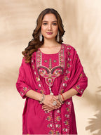 Lorenvalley Fashion Ranipink Roman Silk Multi Sequence Embroidery Thread With Hand Work Anarkali Kurti Pant Dupatta - Distacart