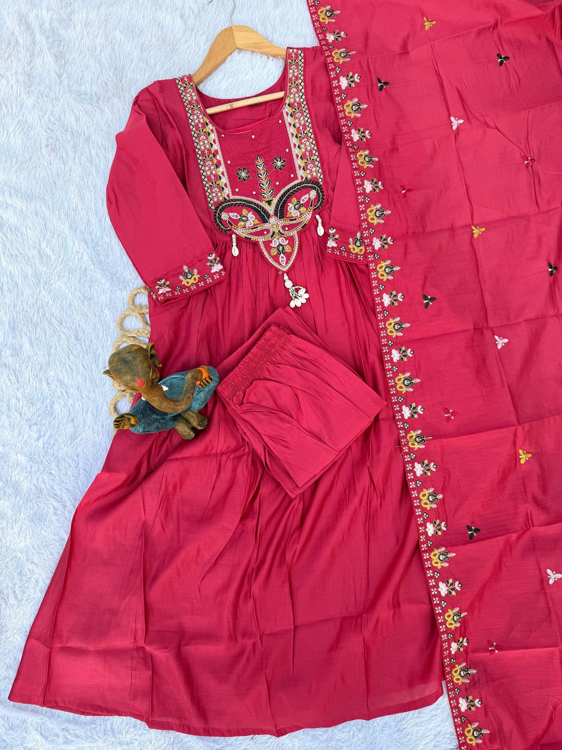 Lorenvalley Fashion Ranipink Roman Silk Multi Sequence Embroidery Thread With Hand Work Anarkali Kurti Pant Dupatta - Distacart