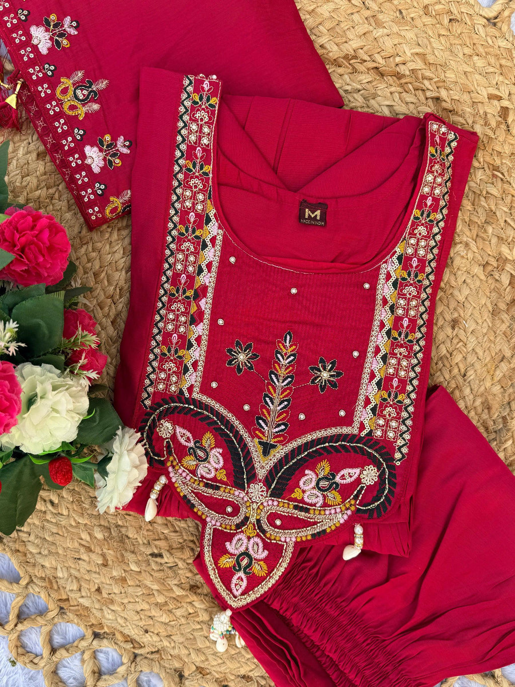 Lorenvalley Fashion Ranipink Roman Silk Multi Sequence Embroidery Thread With Hand Work Anarkali Kurti Pant Dupatta - Distacart