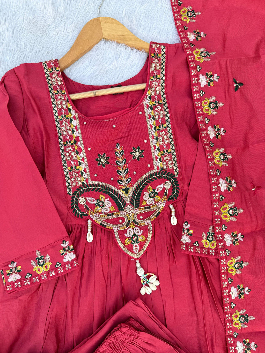 Lorenvalley Fashion Ranipink Roman Silk Multi Sequence Embroidery Thread With Hand Work Anarkali Kurti Pant Dupatta - Distacart