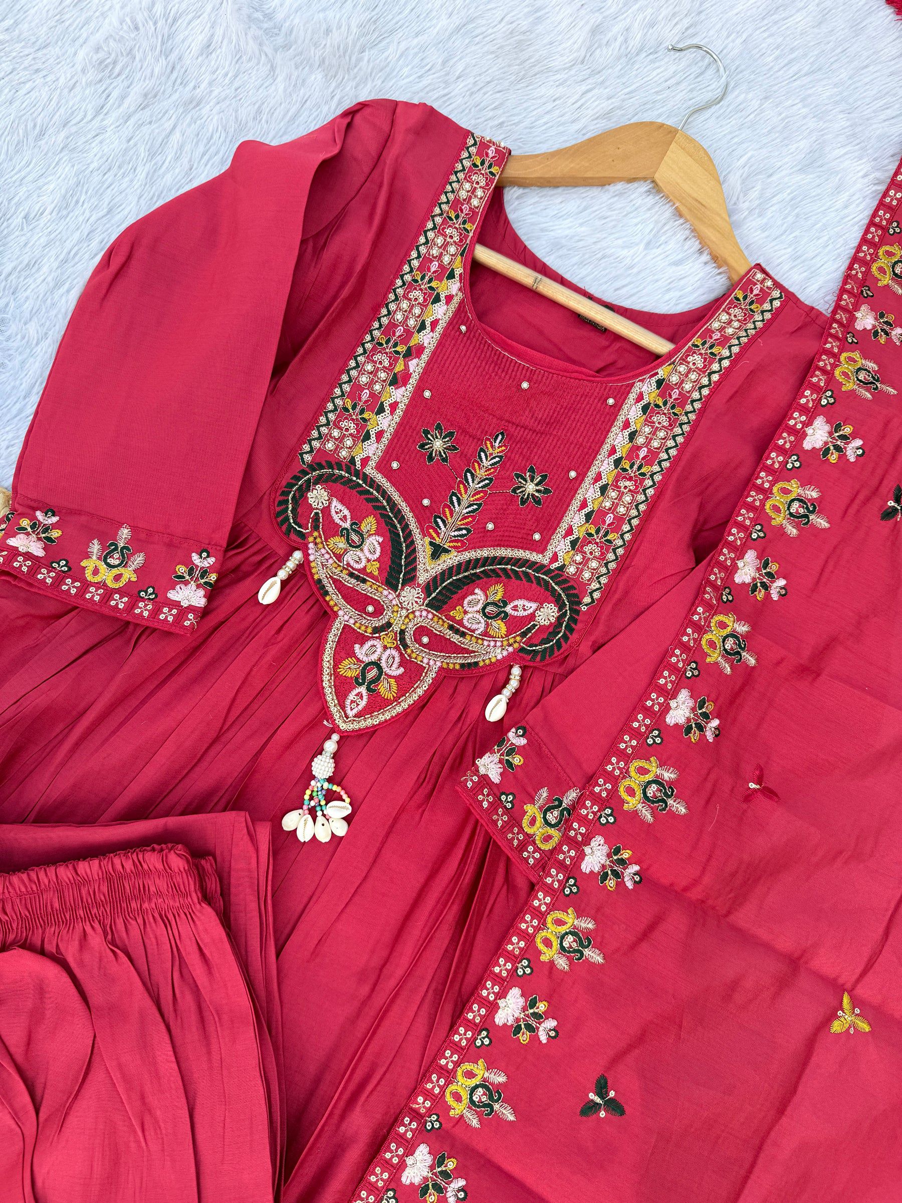 Lorenvalley Fashion Ranipink Roman Silk Multi Sequence Embroidery Thread With Hand Work Anarkali Kurti Pant Dupatta - Distacart