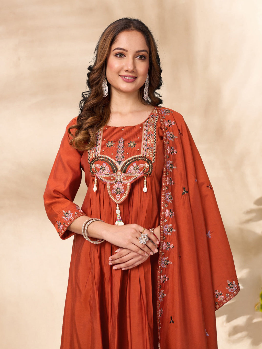 Lorenvalley Fashion Rust Roman Silk Multi Sequence Embroidery Thread With Hand Work Anarkali Kurti Pant Dupatta - Distacart