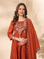 Lorenvalley Fashion Rust Roman Silk Multi Sequence Embroidery Thread With Hand Work Anarkali Kurti Pant Dupatta - Distacart