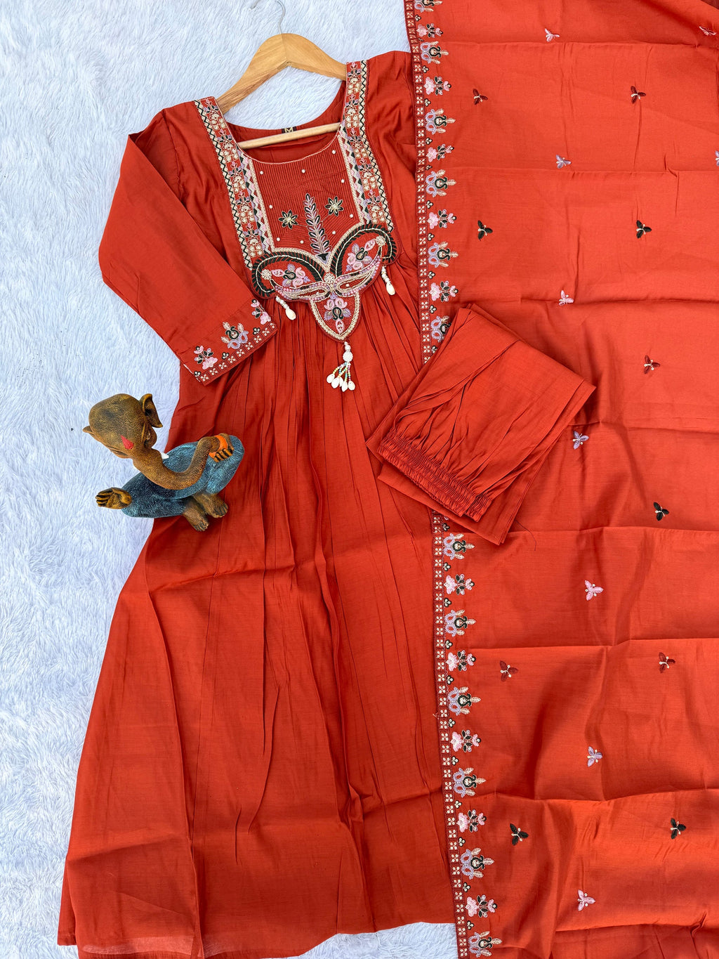 Lorenvalley Fashion Rust Roman Silk Multi Sequence Embroidery Thread With Hand Work Anarkali Kurti Pant Dupatta - Distacart