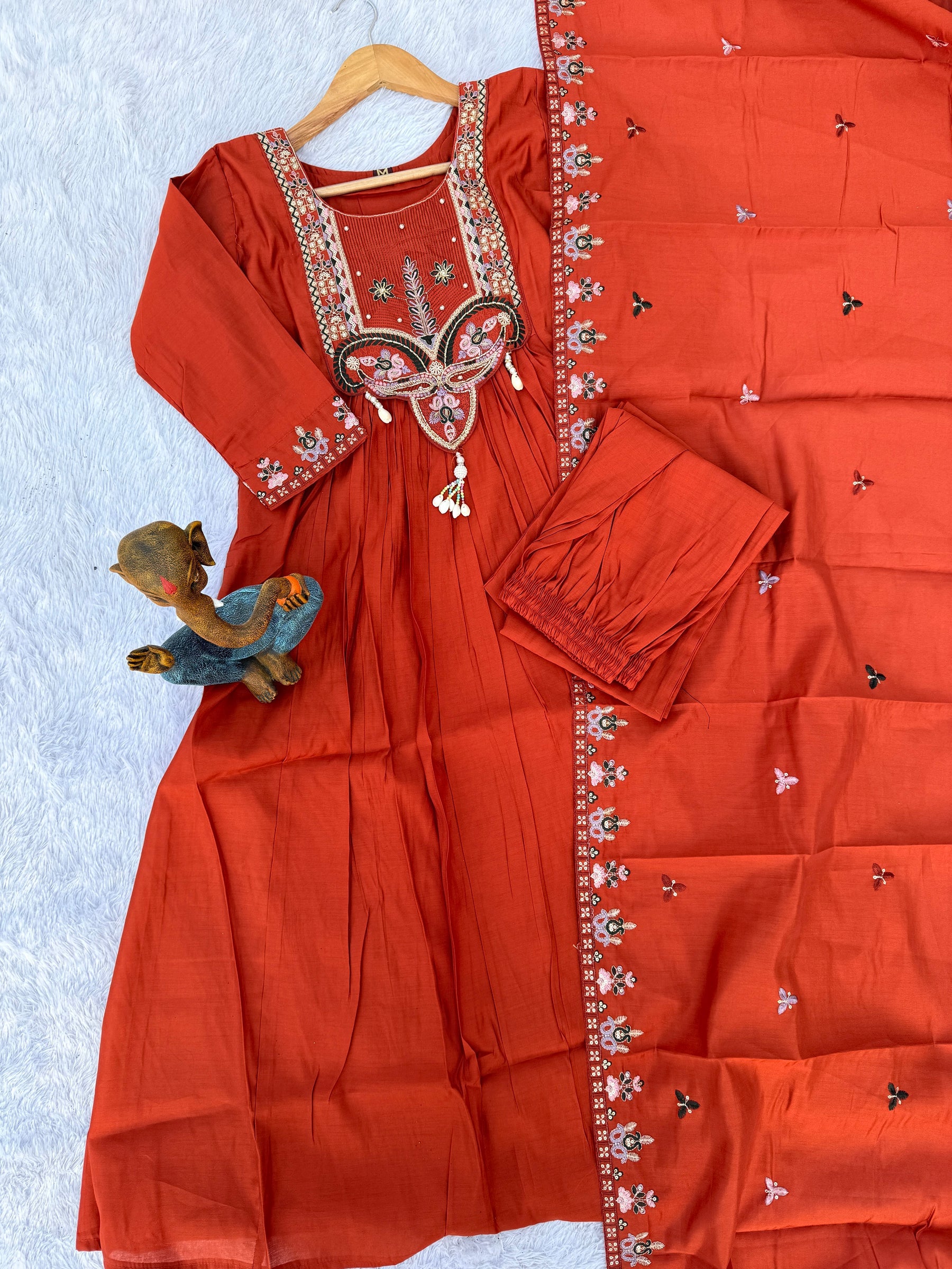 Lorenvalley Fashion Rust Roman Silk Multi Sequence Embroidery Thread With Hand Work Anarkali Kurti Pant Dupatta - Distacart