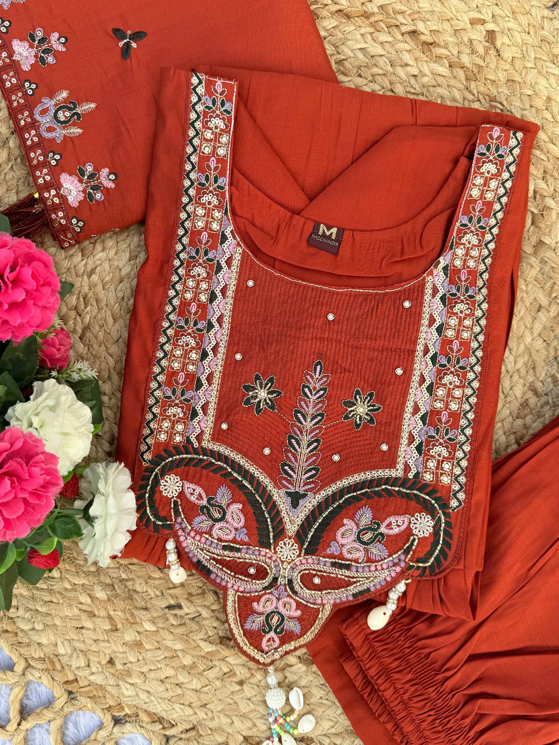 Lorenvalley Fashion Rust Roman Silk Multi Sequence Embroidery Thread With Hand Work Anarkali Kurti Pant Dupatta - Distacart