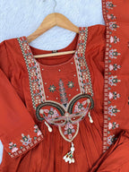 Lorenvalley Fashion Rust Roman Silk Multi Sequence Embroidery Thread With Hand Work Anarkali Kurti Pant Dupatta - Distacart