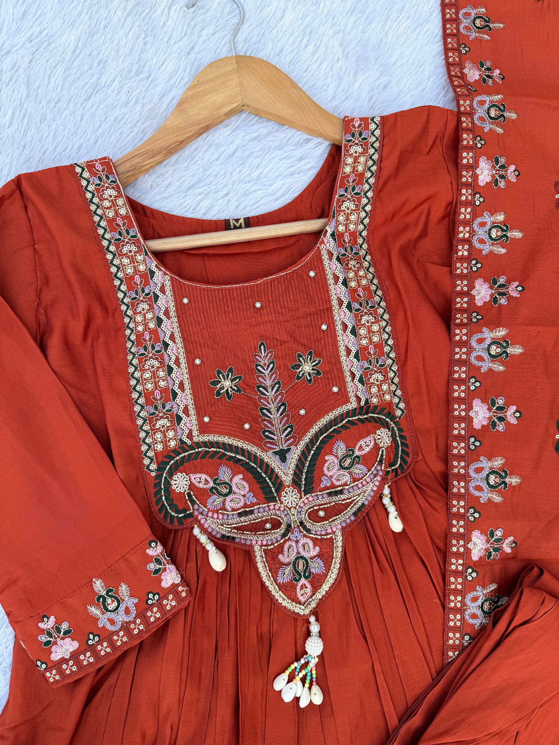 Lorenvalley Fashion Rust Roman Silk Multi Sequence Embroidery Thread With Hand Work Anarkali Kurti Pant Dupatta - Distacart