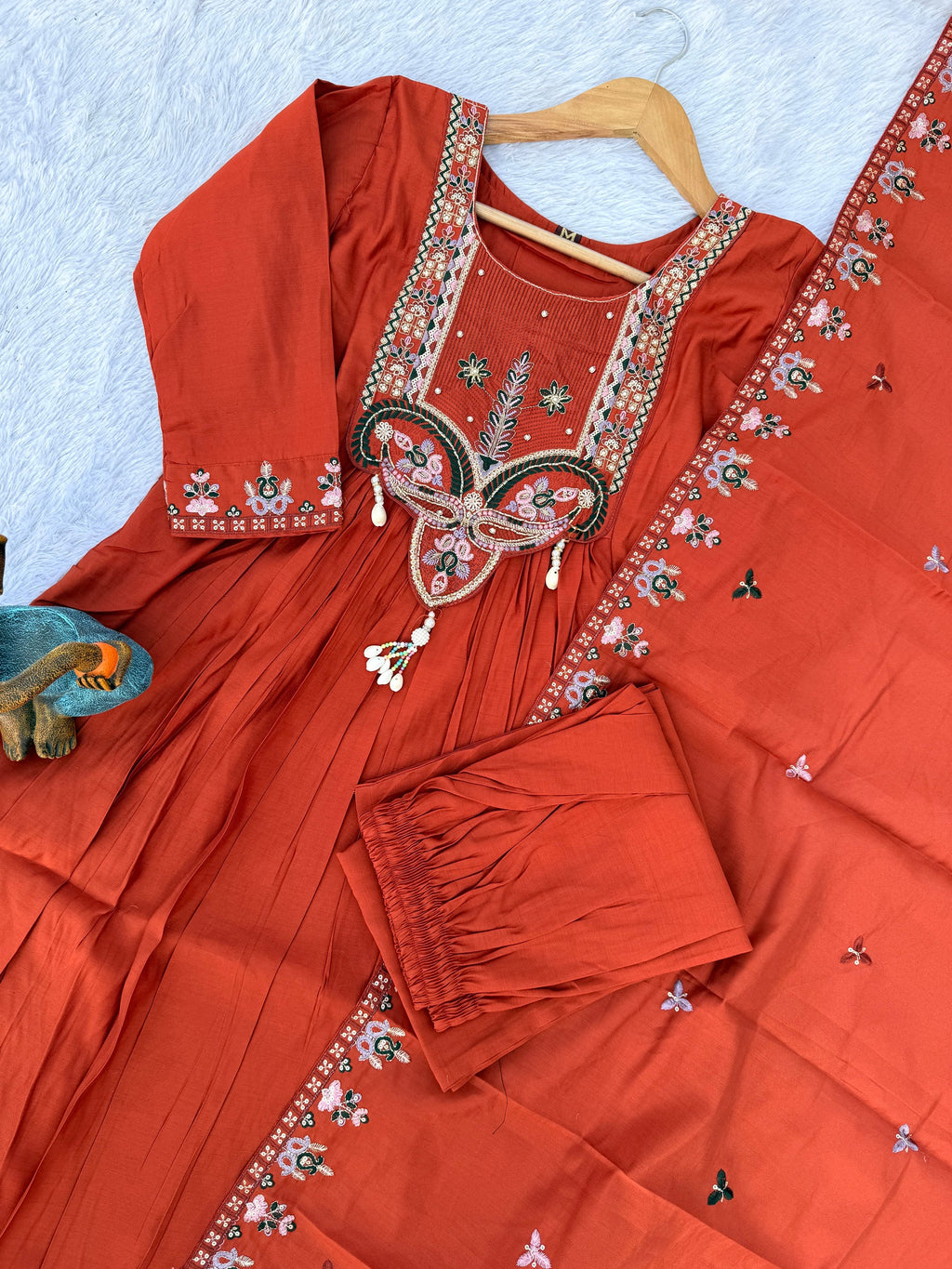 Lorenvalley Fashion Rust Roman Silk Multi Sequence Embroidery Thread With Hand Work Anarkali Kurti Pant Dupatta - Distacart