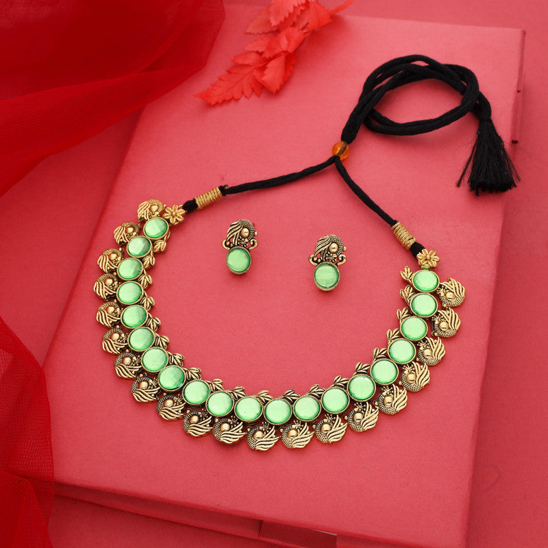 Tehzeeb Creations Sea Green Colour Gold-Polished Stone Jewellery Choker Necklace Set With Matching Pair of Stud Earrings