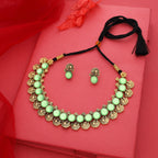 Tehzeeb Creations Sea Green Colour Gold-Polished Stone Jewellery Choker Necklace Set With Matching Pair of Stud Earrings