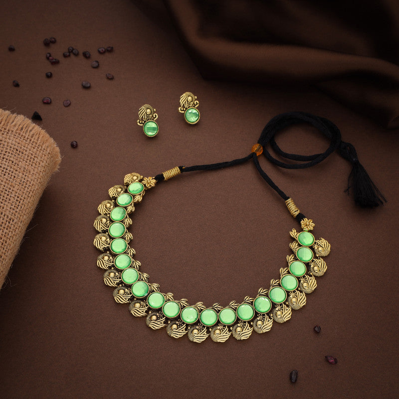 Tehzeeb Creations Sea Green Colour Gold-Polished Stone Jewellery Choker Necklace Set With Matching Pair of Stud Earrings