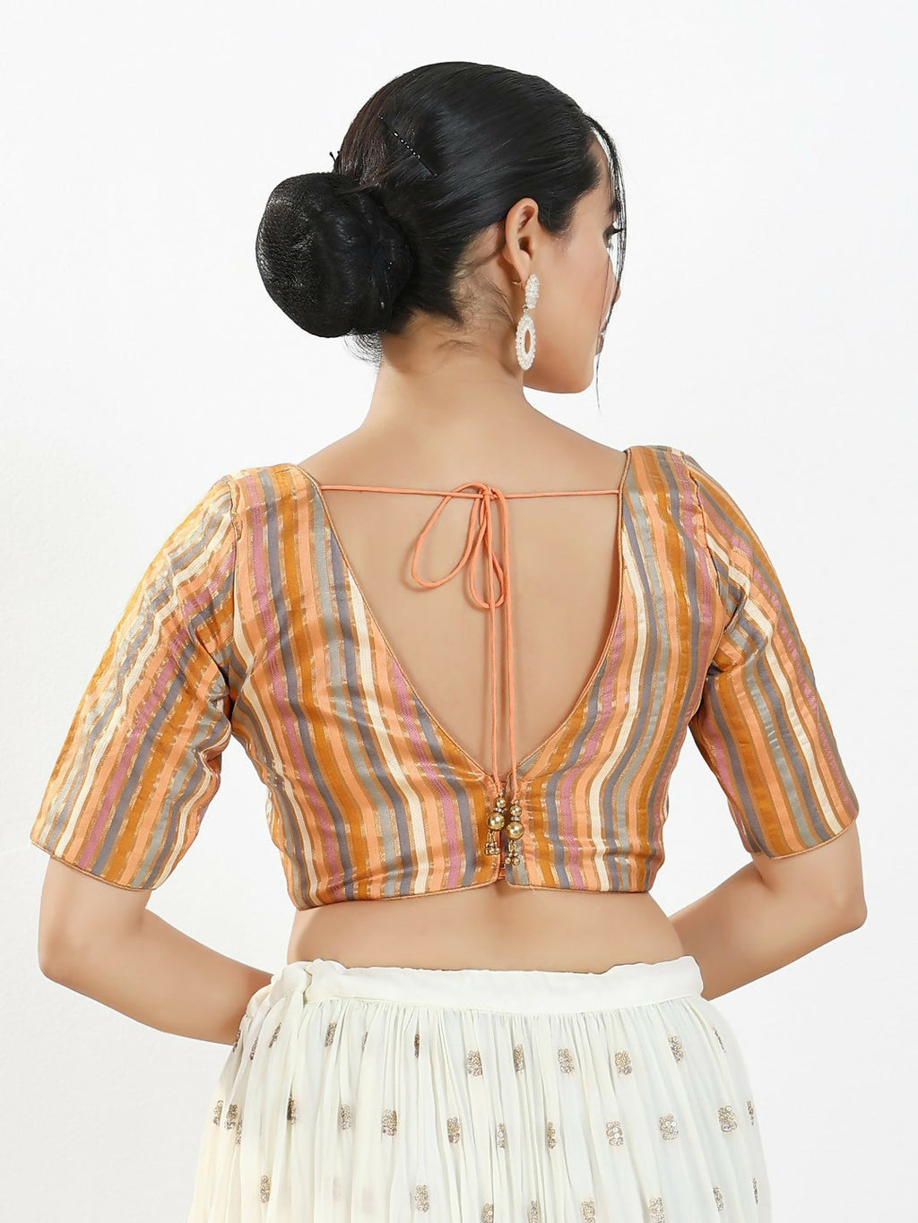 Joban Fashion Peach Multi Brocade Padded Blouse With V Neck Elbow Sleeves - Distacart