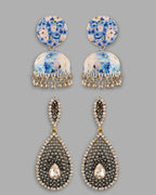 VOJ Set Of 2 Earrings- Blue Printed Jhumka With Black AD Studded Drop Earrings - Distacart