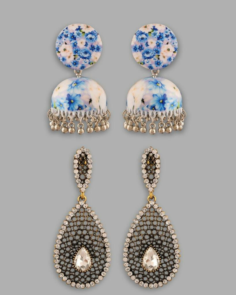 VOJ Set Of 2 Earrings- Blue Printed Jhumka With Black AD Studded Drop Earrings - Distacart