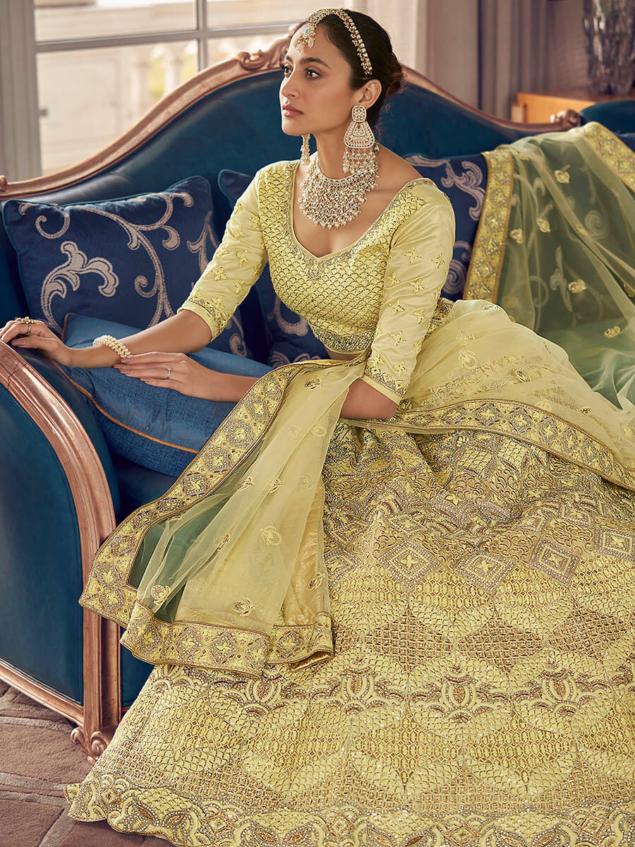 Myra Lime Yellow Crepe Embroidered Lehenga