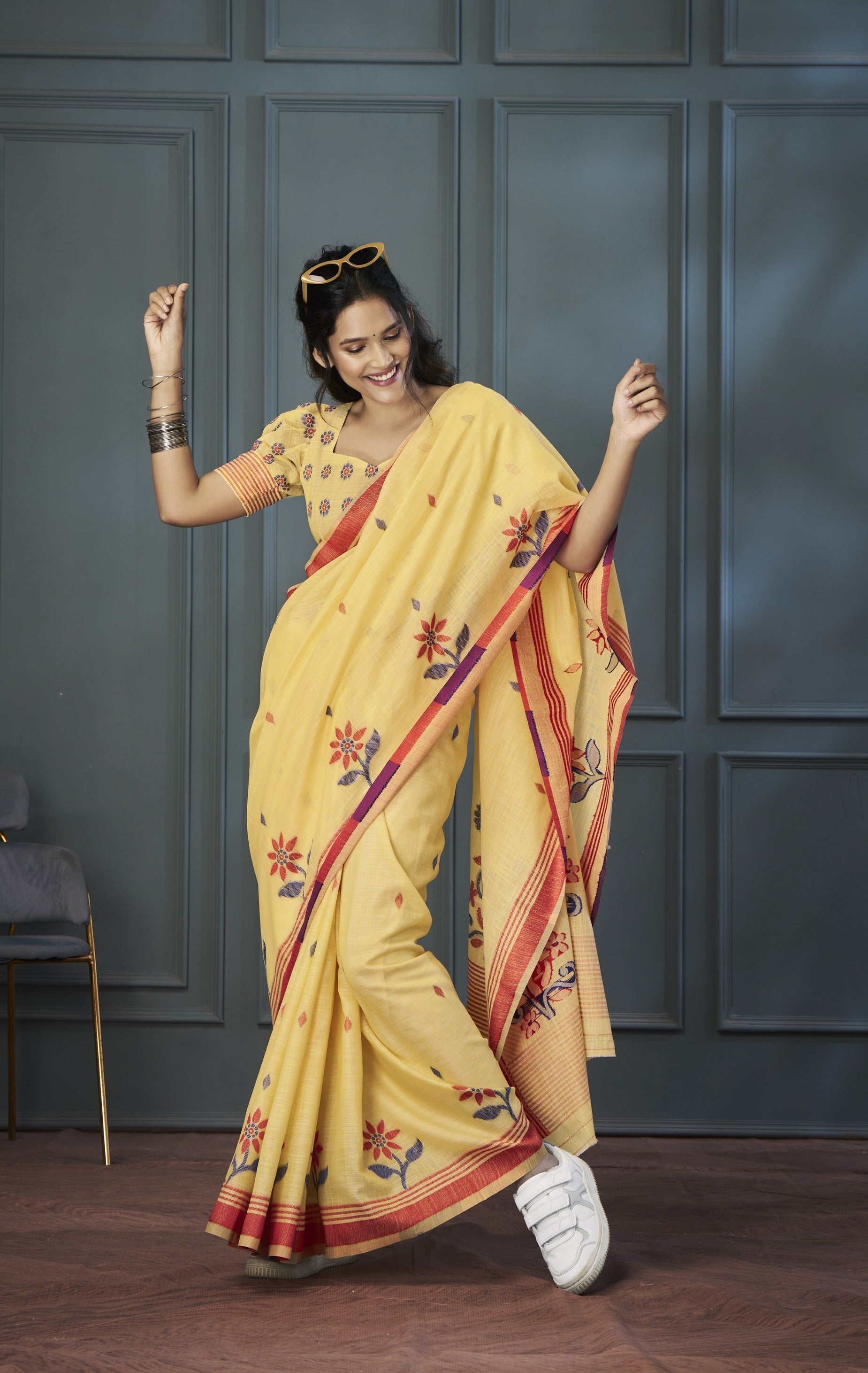 Anaita Yellow Designer Weaving Handloom Linen Saree With Blouse - Distacart