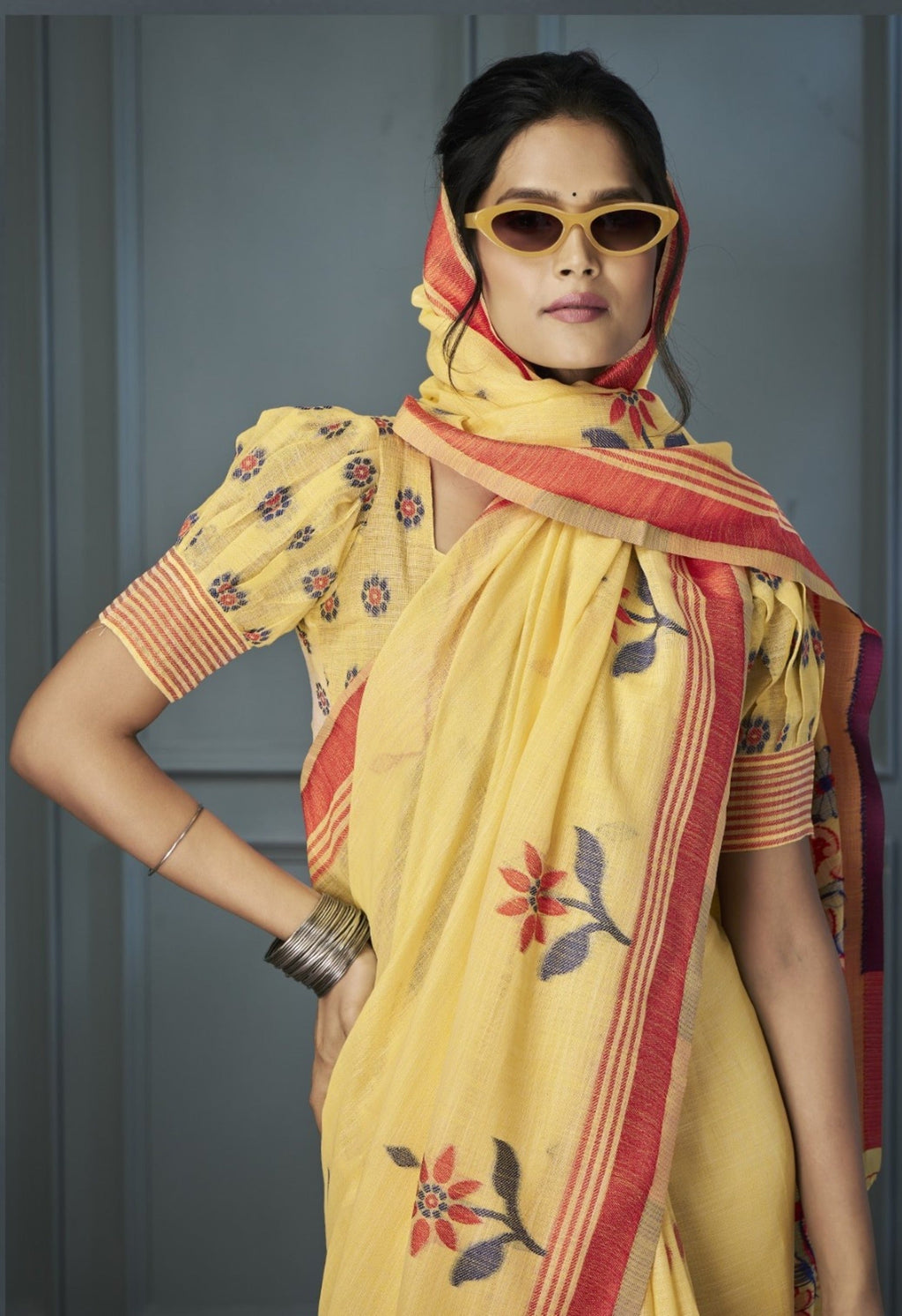 Anaita Yellow Designer Weaving Handloom Linen Saree With Blouse - Distacart