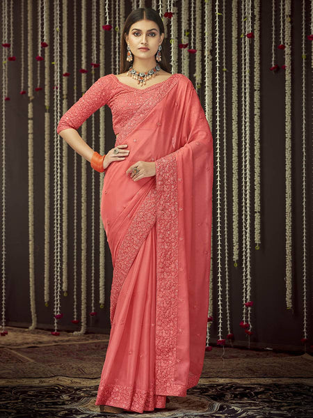 Myra Peach Organza Heavy Embroidered Saree