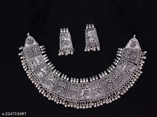 Tehzeeb Creations Women's German Silver Oxidised Necklace And Earrings
