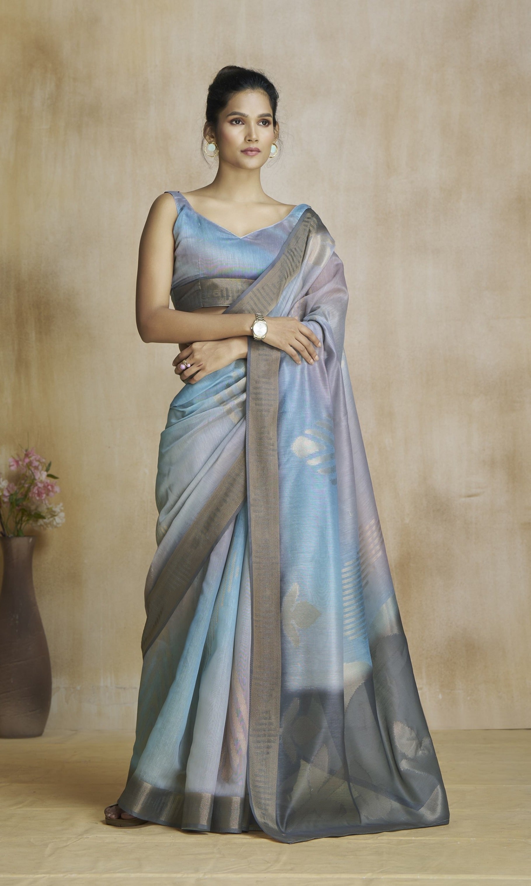 Anaita Dark Grey Fancy Fabric With Digital Print Saree With Blouse - Distacart