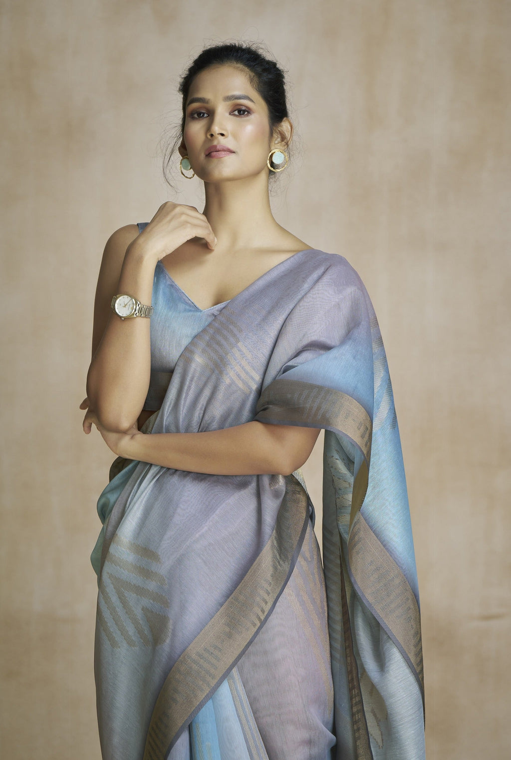 Anaita Dark Grey Fancy Fabric With Digital Print Saree With Blouse - Distacart