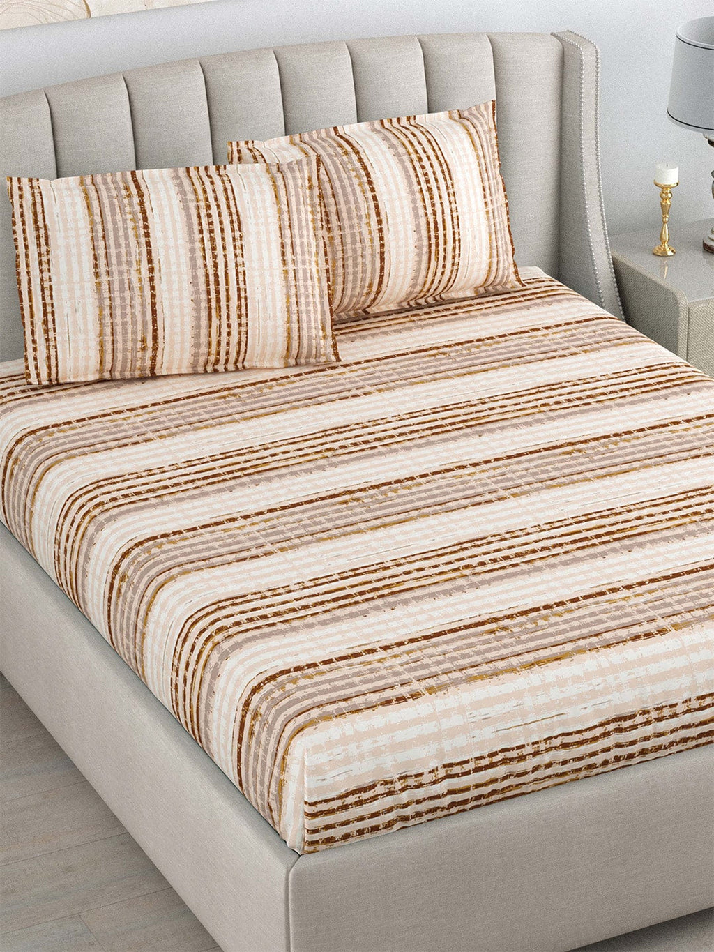 DREAM WEAVERZ Beige & Brown Striped Pure Cotton 220 TC King Bedsheet With 2 Pillow Covers - Distacart
