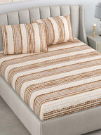 DREAM WEAVERZ Beige & Brown Striped Pure Cotton 220 TC King Bedsheet With 2 Pillow Covers - Distacart