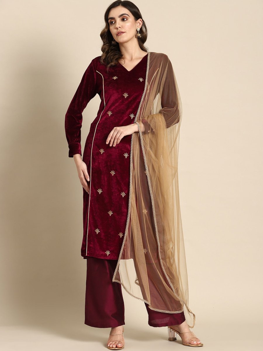 All About You Women Velvet Finish Woven Design Regular Kurta with Palazzos & Dupatta