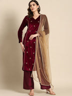 All About You Women Velvet Finish Woven Design Regular Kurta with Palazzos & Dupatta