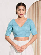Joban Fashion Light Blue Crochet Padded Blouse With V Neck Elbow Sleeves - Distacart