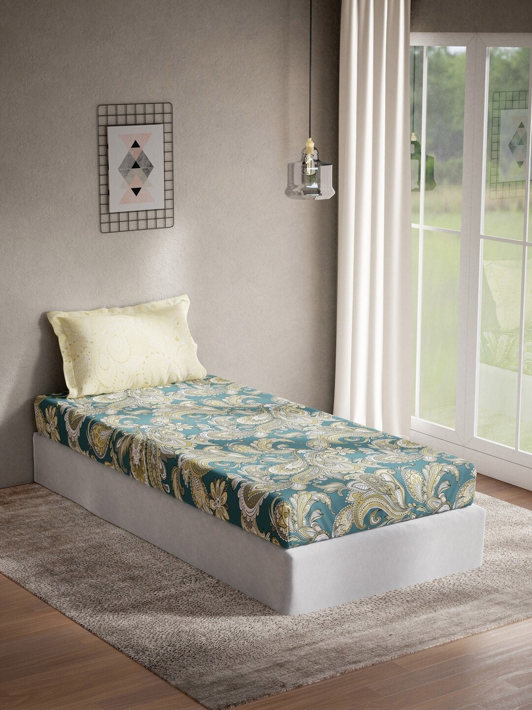 DDecor Green & Yellow Ethnic Motifs 144 TC Cotton Single Bedsheet with 1 Pillow Cover