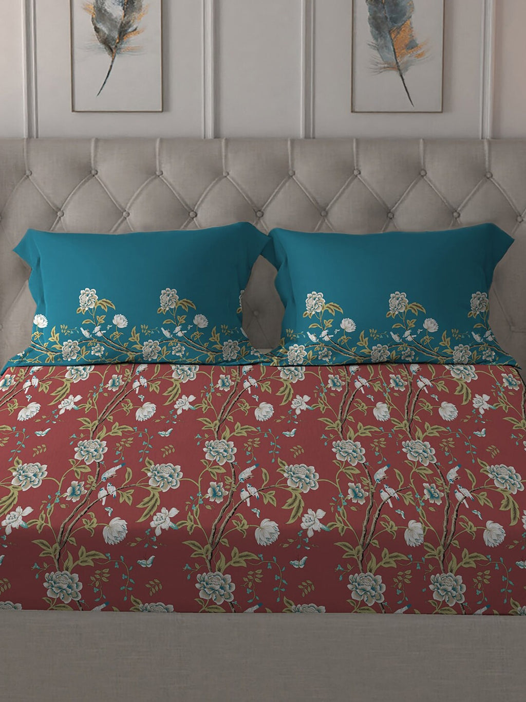 MYTRIDENT Maroon White Floral Pure Cotton 144 TC Queen Bedsheet With 2 Pillow Covers